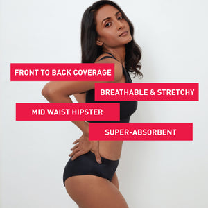 Front to back coverage, breathable and stretchy, mid waist hispter
